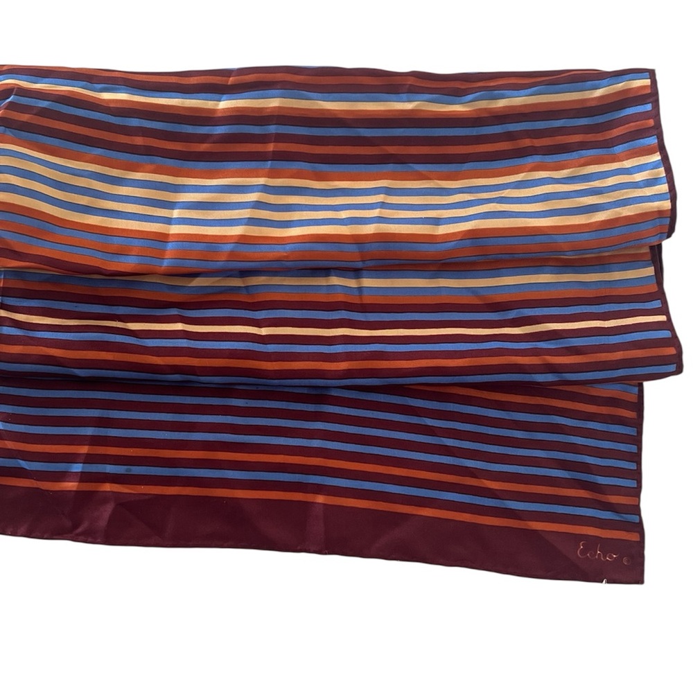 Echo Striped Silk Scarf in Burgundy, Blue & Orange 62”x15”